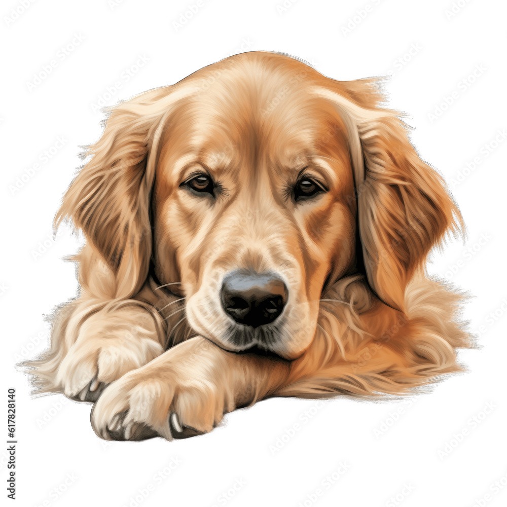 Golden Retriever lying down on a white background, in the style of realistic portrait painter isolated on transparent background png - Generative AI