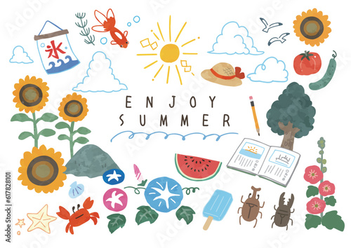 手描き風の楽しい夏休みのイラスト・線なし