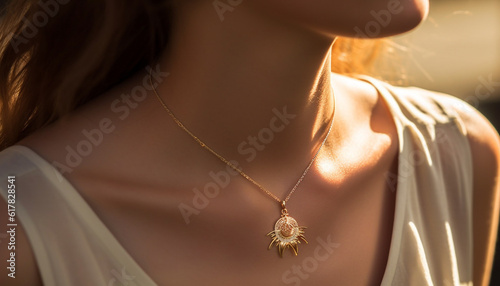 Young adult woman exudes elegance and glamour with gold jewelry generated by AI