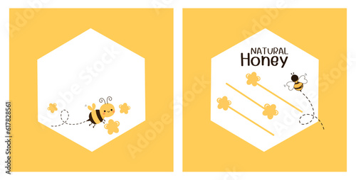 Beehive honey sign with hexagon grid cells and bee cartoons isolated on yellow background vector.