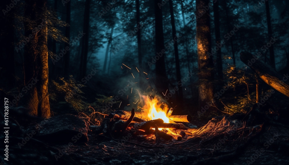 Tranquil forest ablaze with glowing campfire, autumn leaves and mystery generated by AI