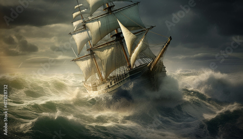 Print op canvas Sailing ship on wave, sailboat with yacht, wind transportation outdoors generate