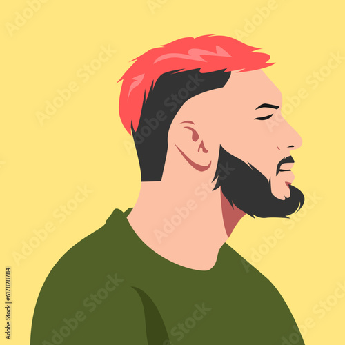 portrait of a handsome man with a red mohawk hairstyle and a beard side view. suitable for avatar, social media profile photo. vector graphic.