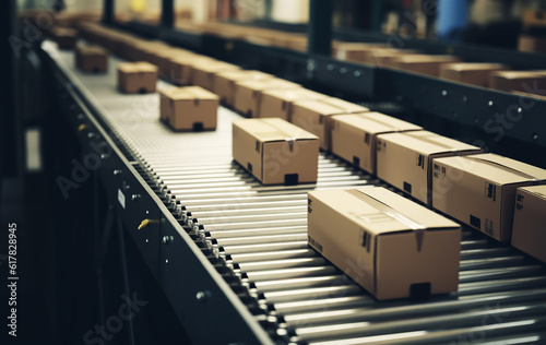 Close-up view of several cardboard packages moving along a conveyor belt in a warehouse, e-commerce and delivery distribution center. Generative AI.