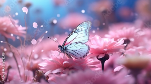 Pink romantic natural floral background with a white butterfly on flower Generative AI © Mahesa