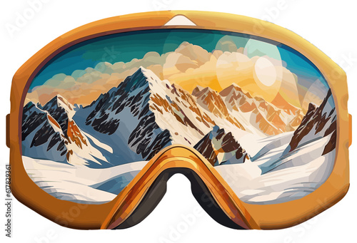 Ski googles and snowy mountains, transparent background 