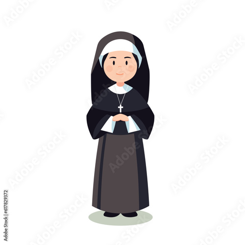 Nun flat isolated on white backgrund. Cartoon nun with a cross. Christian catholic religious. Vector stock