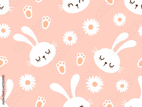 Seamless pattern with bunny rabbit cartoons, foot print and daisy flower on orange background vector illustration. Cute childish print.