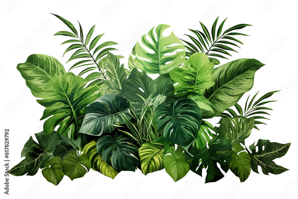 tropical leaves and Fern plant hedge isolated on a transparent background. Lush green leaves bush. 