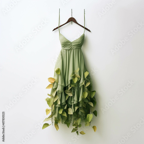 Fashion Dress Made with Leaves. Generative AI. photo