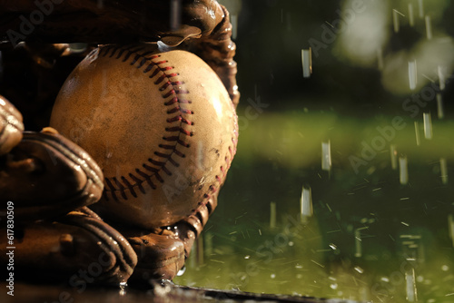 Baseball rain game concept with water in background of ball and glove.