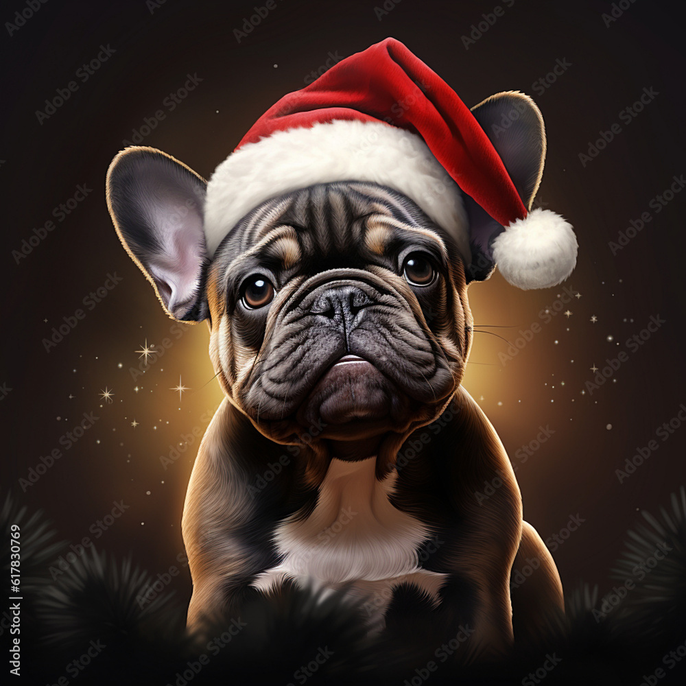 Weihnachtshund, Französische Bulldogge, mit Weihnachtsmütze, santa's hat, Christmas dog, French Bulldog, Frenchie
