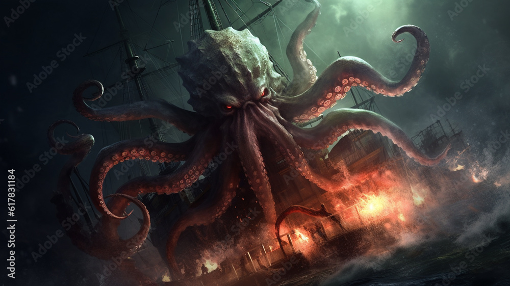 A giant octopus kraken monster attacking a pirate ship in the dark ocean. Generative AI