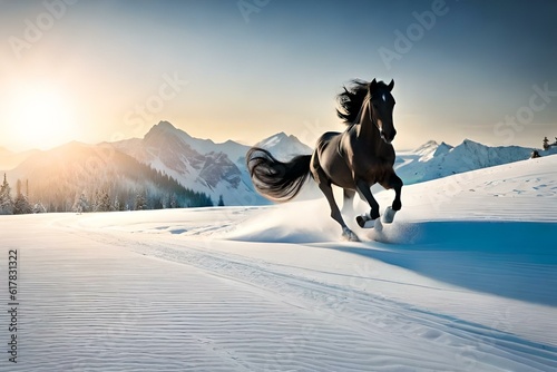 black horse running on the snow