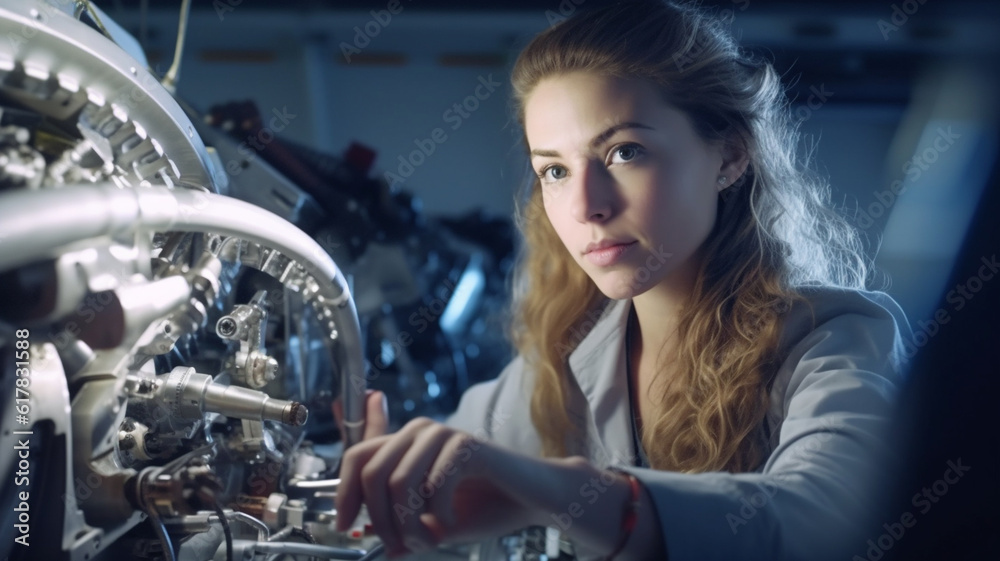 A proud and confident female aerospace engineer works on an aircraft, displaying expertise in technology and electronics. Generative AI A proud and confident female aerospace engineer works on an aircraft, displaying expertise in technology and electronics. Generative AI