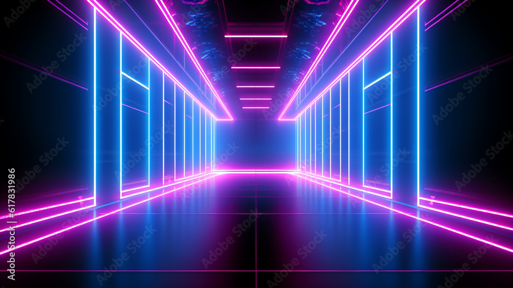 Fototapeta premium Abstract futuristic neon light background. Stage room with neon led lines illustration. Generative AI