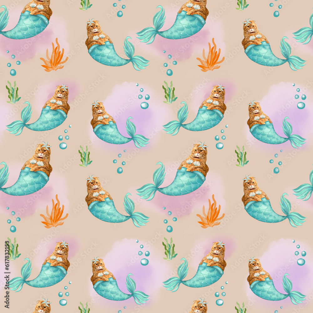 Cat Mermaid fabrics patterns 