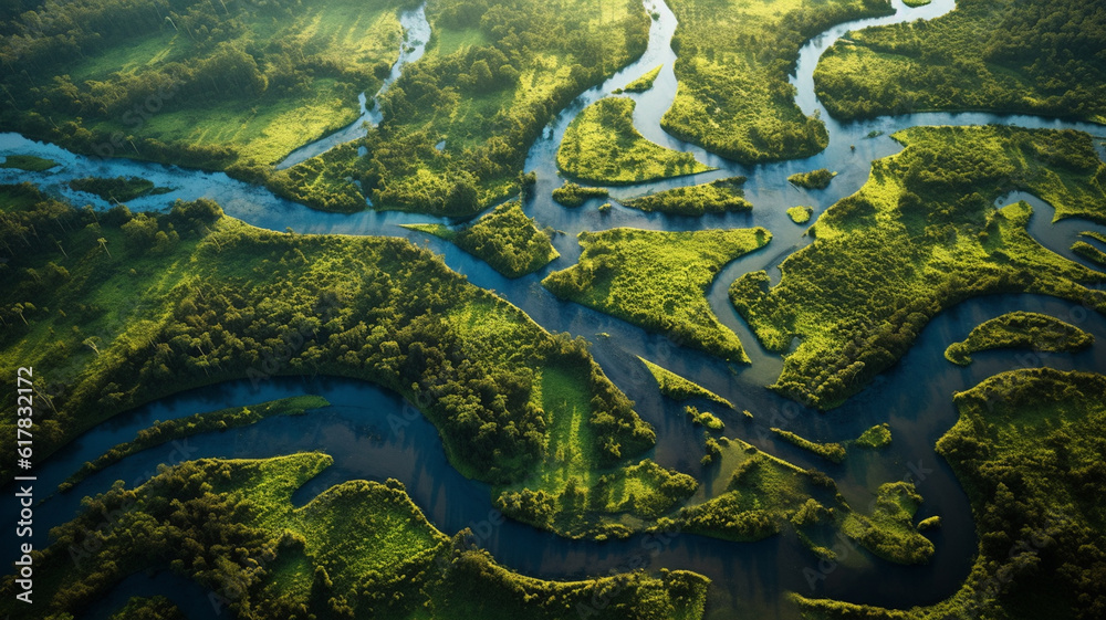 Aerial view of a river delta with lush green vegetation and winding waterways. Generative AI Aerial view of a river delta with lush green vegetation and winding waterways. Generative AI