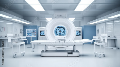 Advanced x-ray scan medical diagnosis machine at hospital health care lab as wide banner with copy space area. Generative AI