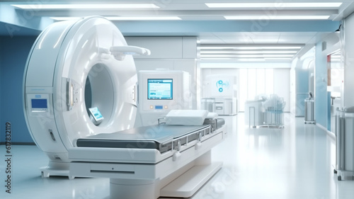 Advanced x-ray scan medical diagnosis machine at hospital health care lab as wide banner with copy space area. Generative AI