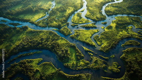Aerial view of a river delta with lush green vegetation and winding waterways. Generative AI