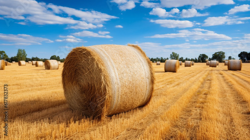 agricultural field with hay bales on a beautiful warm and bright summer day, blue sky with some clouds. Generative AI