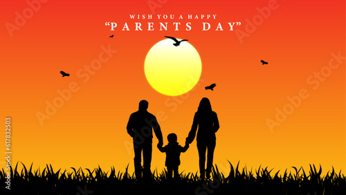 Concept Happy Global Parents Day. Father, mother & children walking on the grass. Vector Illustration for Happy Global Parents Day. Parents day lettering on sky background. Parents Day greeting.