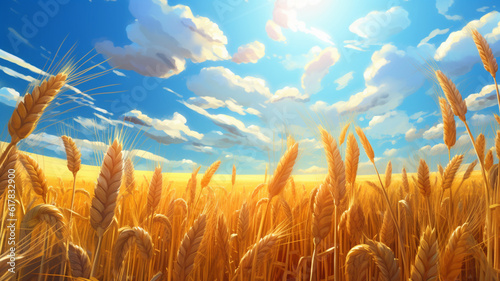 Beautiful illustration of a field of ripe wheat against the blue sky. Generative AI
