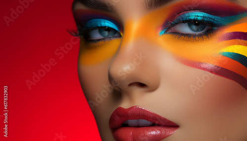 Beautiful young woman with vibrant make up and feather accessory generated by AI