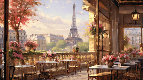 beautiful paint by number of cafe in Paris with the Eiffel tower. Generative AI © Aghavni