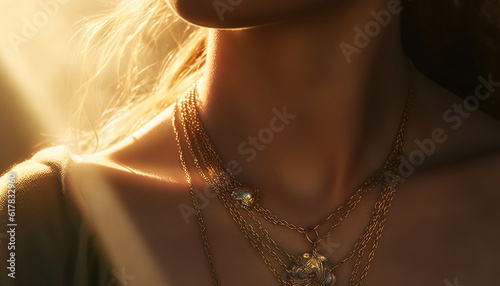 Beautiful young woman exudes elegance and sensuality with gold jewelry generated by AI