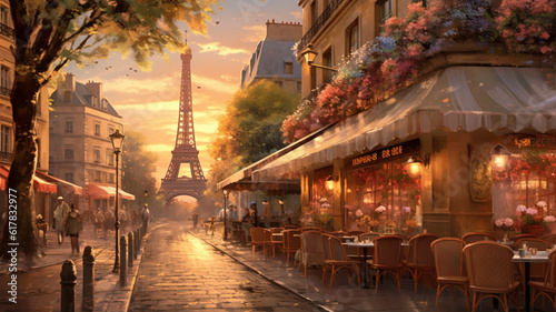 beautiful paint by number of cafe in Paris with the Eiffel tower. Generative AI