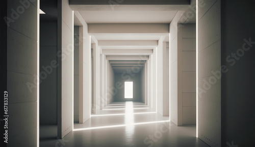 Bright corridor with sunbeams. Liminal spaces. Generative AI.