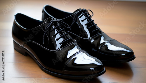 Modern black leather dress shoe with shiny shoelace fastener generated by AI