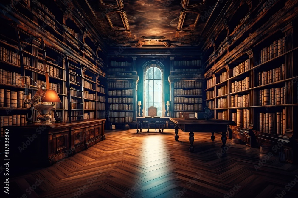 Ancient elegant library interior with wooden shelfs and club sofa, generative ai