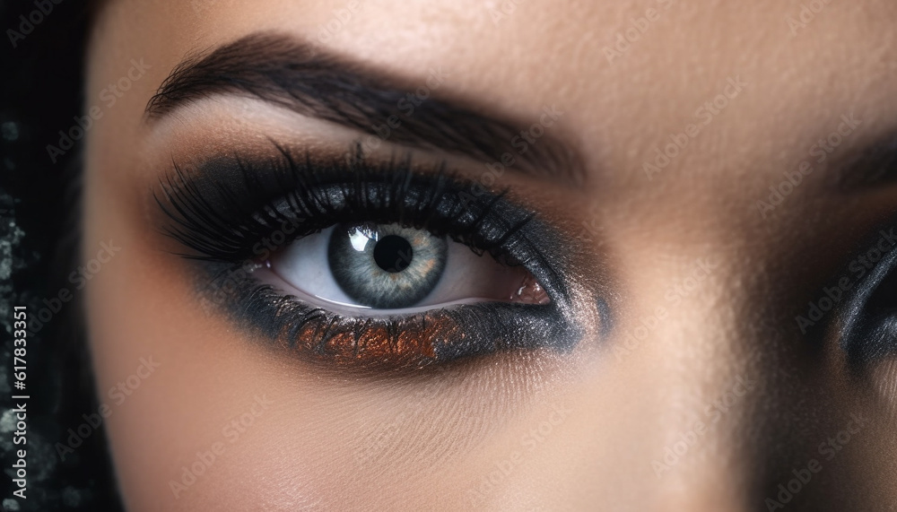 Obraz premium Beautiful young woman with blue eyes and dark hair looking away generated by AI