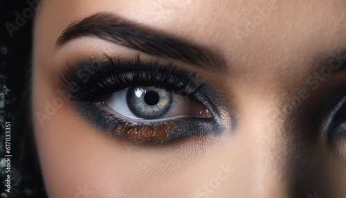 Beautiful young woman with blue eyes and dark hair looking away generated by AI