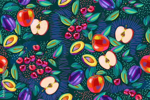 Seamless pattern with apples, plums and cherries. Fruits, leaves and abstract elements on a dark background. Colorful, vibrant design for paper, cover, fabric, interior, etc. Cartoon. Vector. 