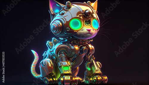 Adorable neon futuristic robot cat android. Cute machine colorful space kitty Ai generated image