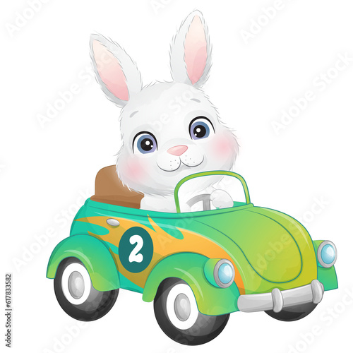 Fototapeta Naklejka Na Ścianę i Meble -  Cute rabbit in racing car watercolor illustration