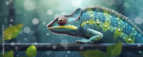 Chameleon sitting on a branch of a deciduous tree with green leaves in rain forest. Panorama. Generative Ai.