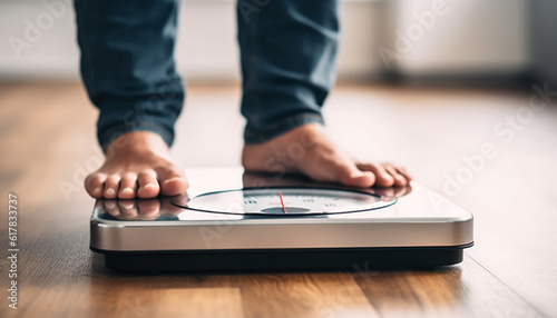 Barefoot young adult standing on weight scale measuring healthy lifestyle generated by AI