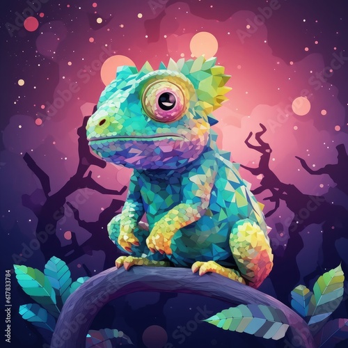 Chameleon sitting on a branch of a deciduous tree with green leaves in rain forest. Close up. Generative Ai. © annamaria