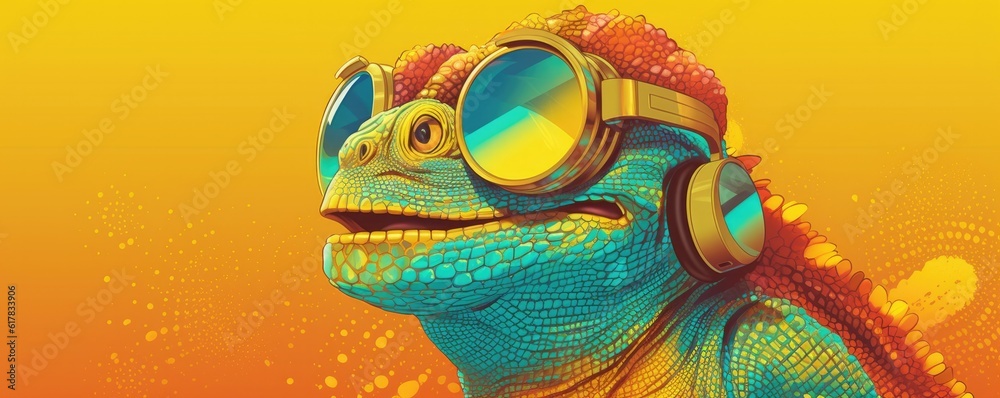 Panorama portrait of DJ chameleon with headphones on multicolor pastel background. Generative Ai.