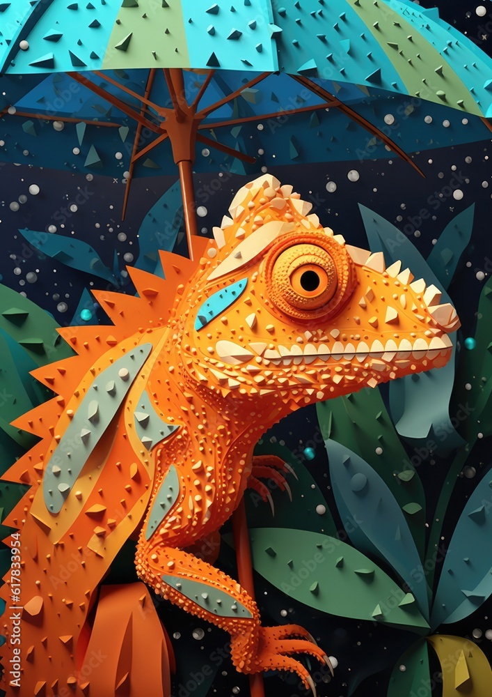 Close up chameleon hiding in orange leaves holding an umbrella in rain forest. Generative Ai. Close up chameleon hiding in orange leaves holding an umbrella in rain forest. Generative Ai.