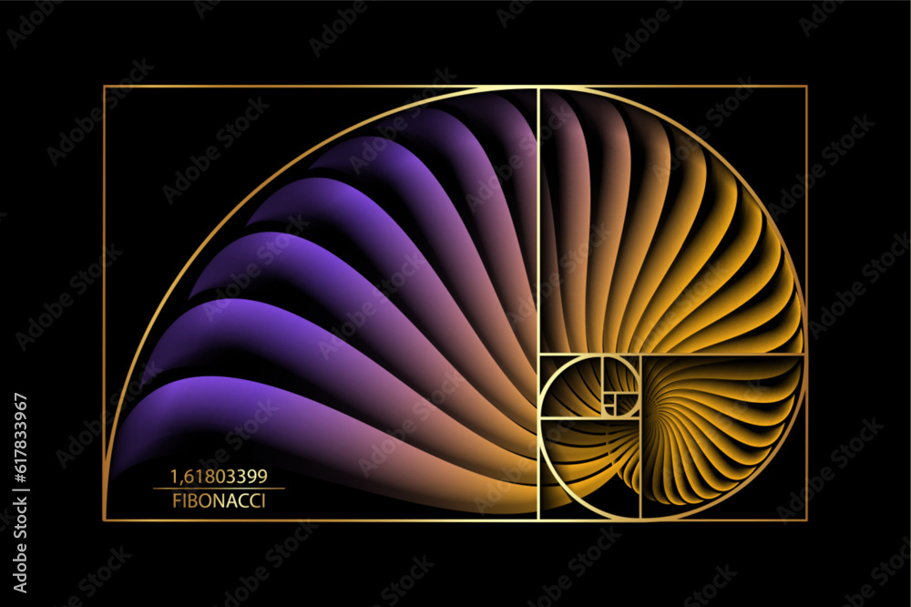 Fibonacci Sequence Golden ratio. Gold geometric shapes spiral. Colorful ...