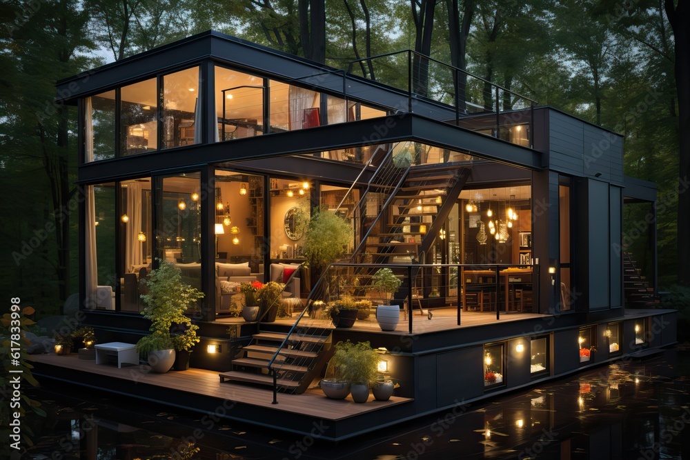 Small modern house model in a natural background, generative AI Small modern house model in a natural background, generative AI