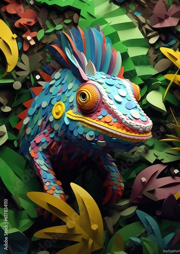 Close up of chameleon hiding in  leaves of tree in a rain forest. Generative Ai. © annamaria