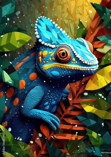 Close up of chameleon hiding in leavesof tree in a rain forest. Generative Ai.