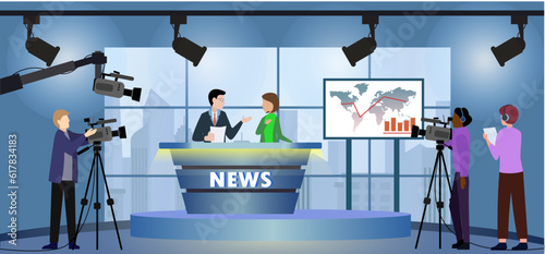 broadcasting show interview with backstage flat vector illustration, cameraman video camera shooting crew, television studio set, television industry website background